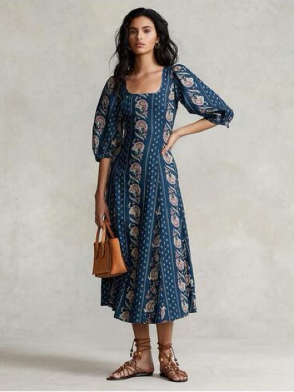 Ralph Lauren Paisley Linen Midi Dress Blue